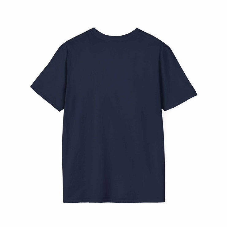 Atlas Strength Unisex Softstyle navy blue T-shirt back view with crew neckline and short sleeves