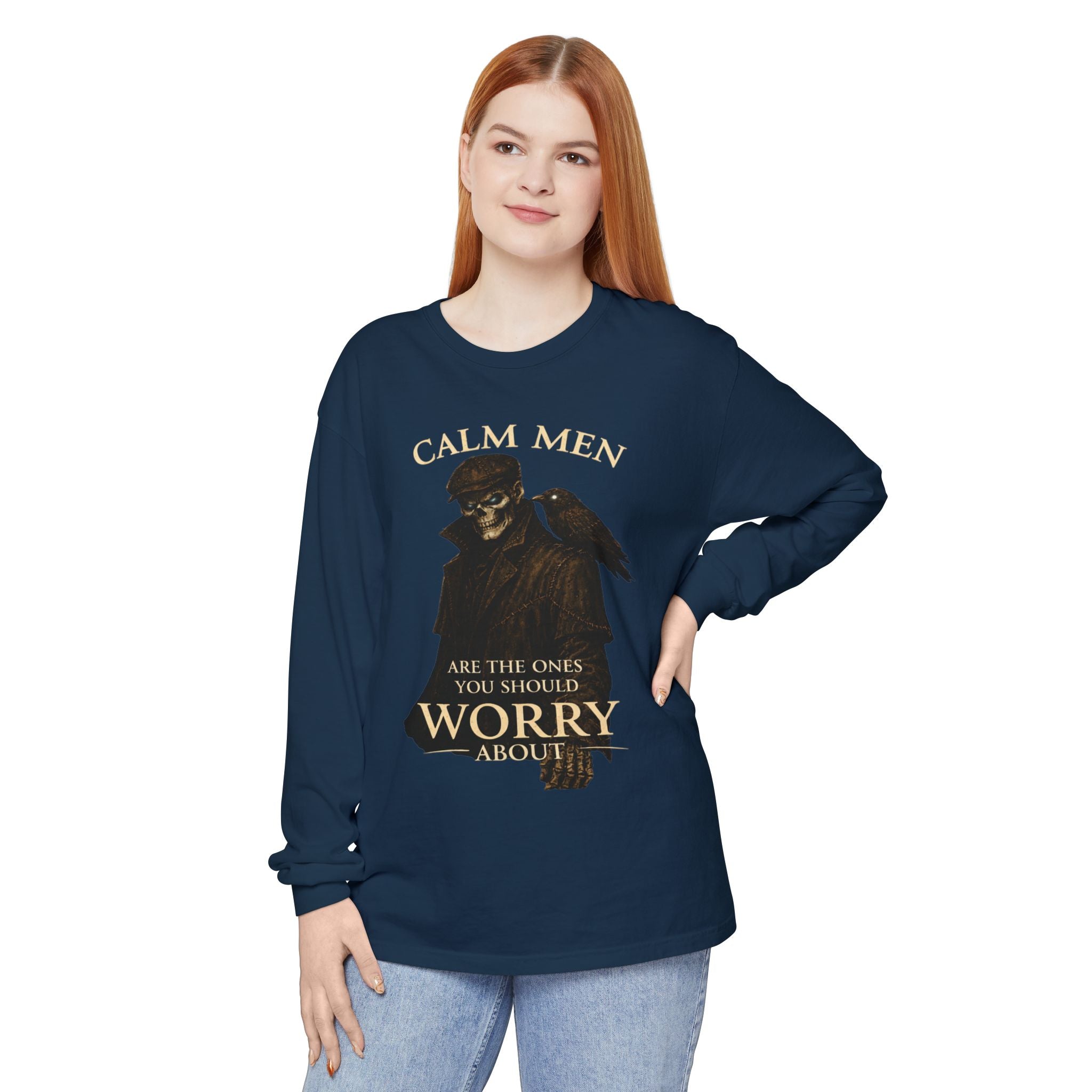 Calm Men Skull Raven Long Sleeve T-Shirt — "Calm Men Are The Ones You Should Worry About"