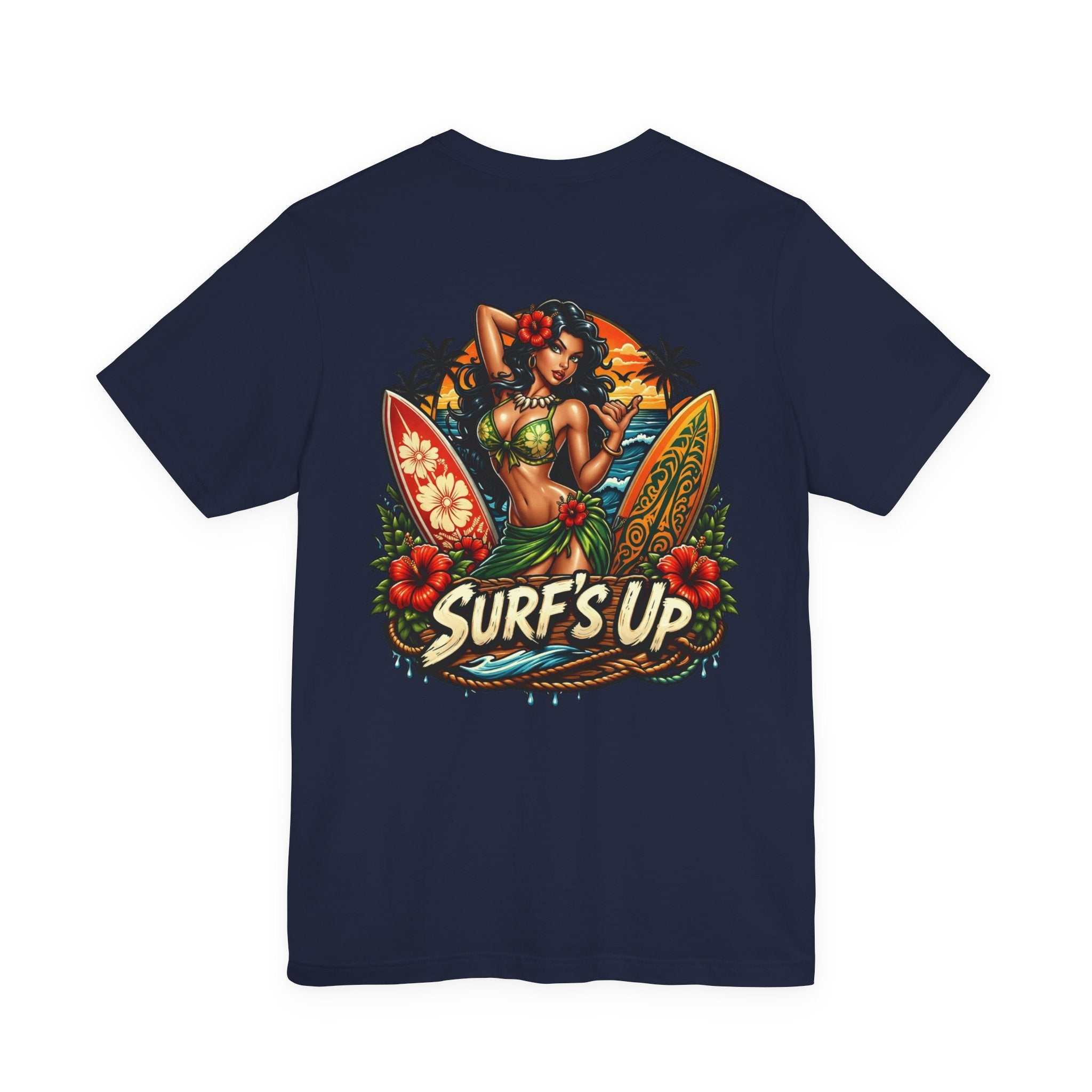 Hawaiian Surfboard T-Shirt with vintage surfboard and hula girl graphic on breathable cotton tee
