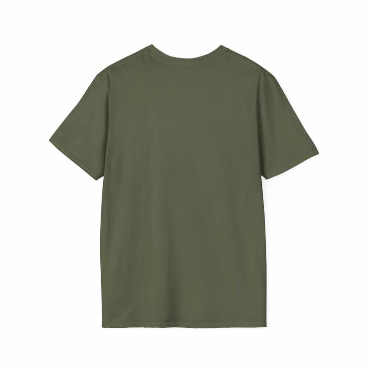 Back view of olive green Atlas Strength Unisex Softstyle T-Shirt made from 100% ring-spun cotton with classic crew neck and short sleeves.