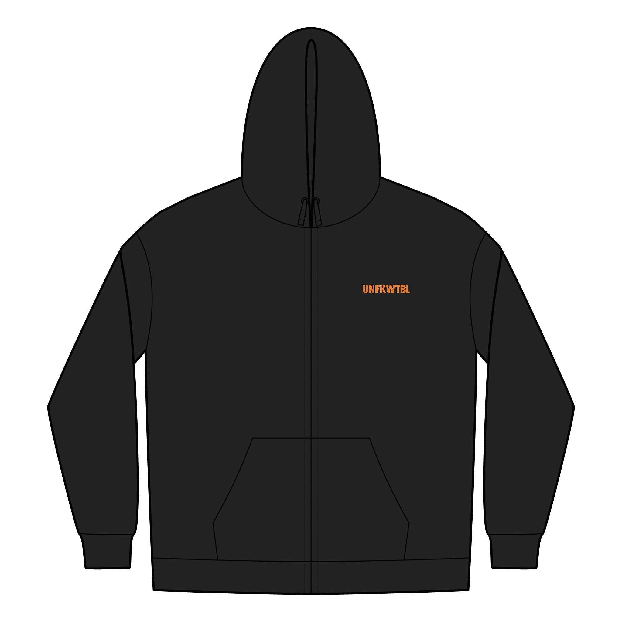 Black full-zip hoodie with UNFKWTBL COMPANY INC logo, combed cotton blend, ribbed cuffs, and drawstrings.