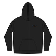 Black full-zip hoodie with UNFKWTBL COMPANY INC logo, combed cotton blend, ribbed cuffs, and drawstrings.