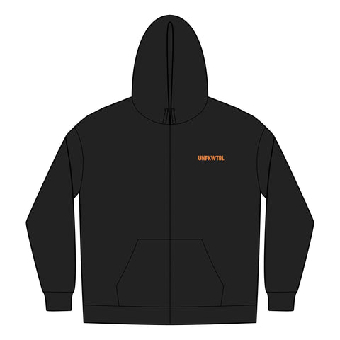 Black full-zip hoodie with UNFKWTBL COMPANY INC logo, combed cotton blend, ribbed cuffs, and drawstrings.