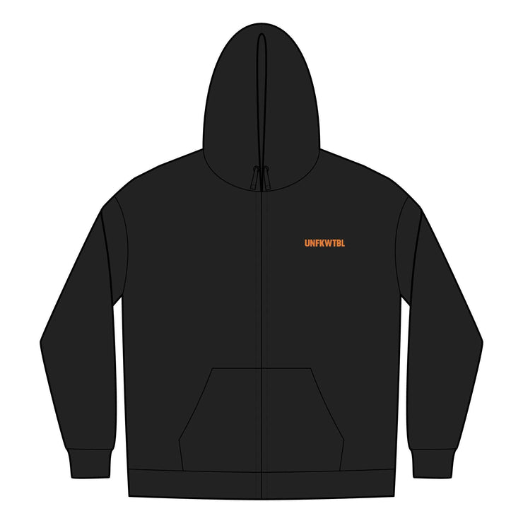 Black full-zip hoodie with UNFKWTBL COMPANY INC logo, combed cotton blend, ribbed cuffs, and drawstrings.