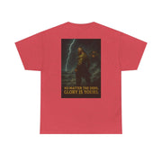 Red unisex heavy cotton tee with inspirational quote "No matter the odds, glory is yours" and graphic design on the back