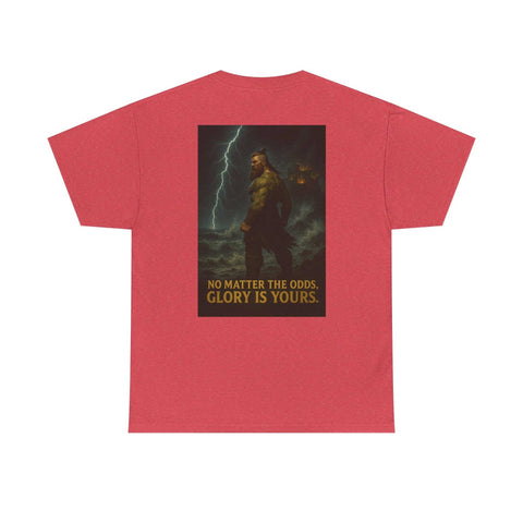 Red unisex heavy cotton tee with inspirational quote "No matter the odds, glory is yours" and graphic design on the back