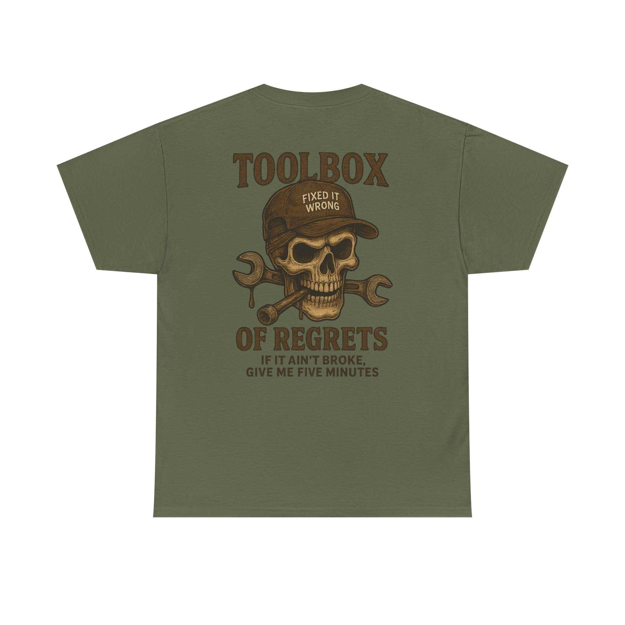 Toolbox of Regrets mechanic skull t-shirt with vintage wrench graphic and humorous text