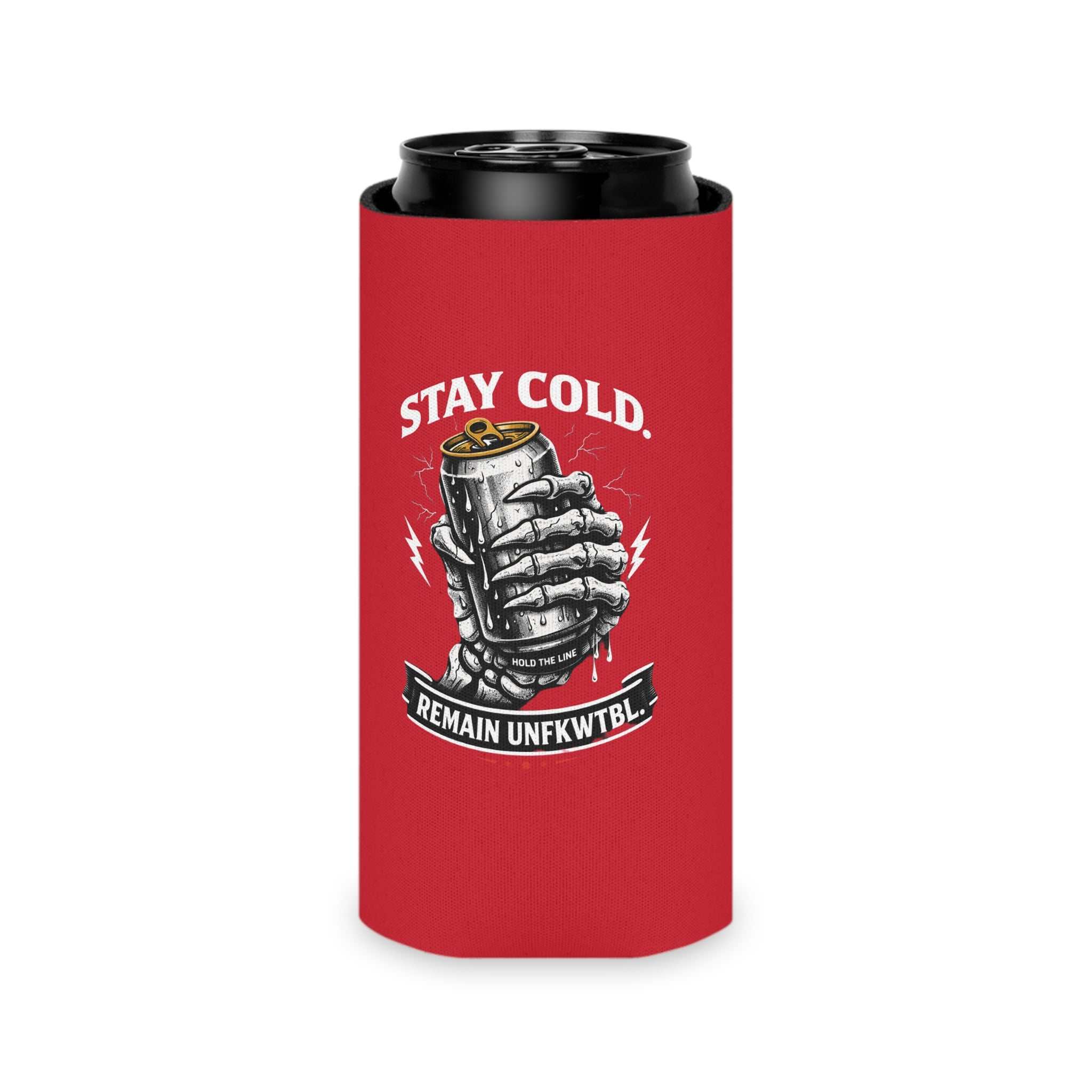 Stay Salty Tiki Can Cooler — "Stay Cold, Remain UNFKWTBL" Retro Beach Beer Koozie