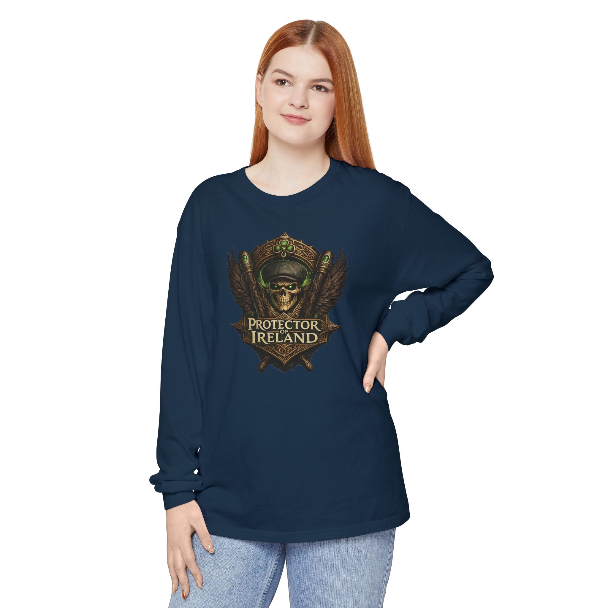 Protector Ireland Long Sleeve Tee — Celtic Helmet Shield Design