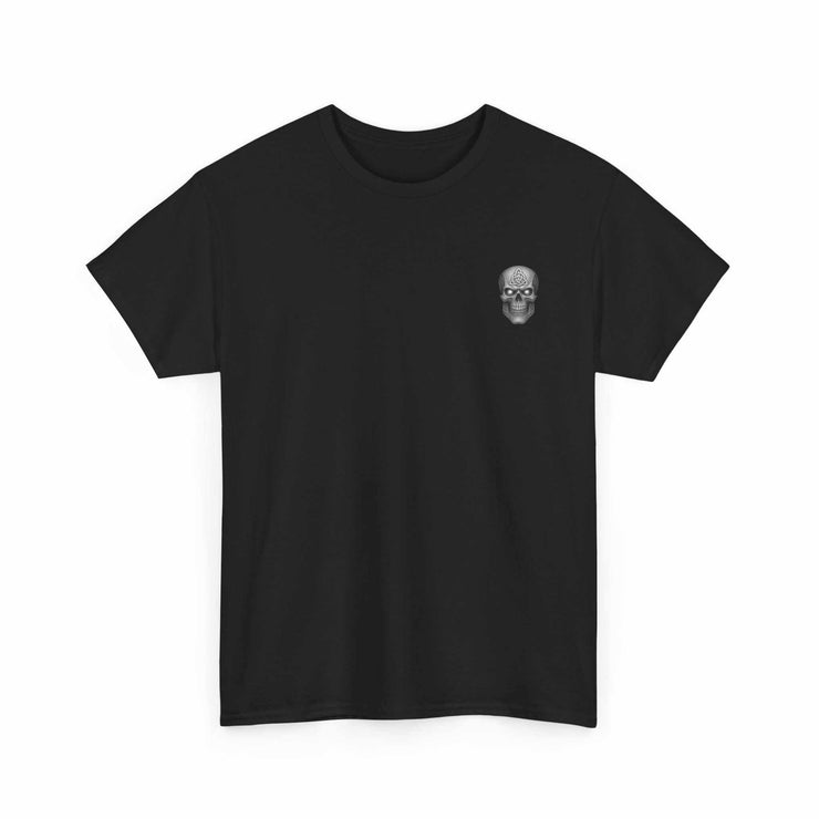 Black t-shirt with small skull and sword design symbolizing honor, strength, and courage