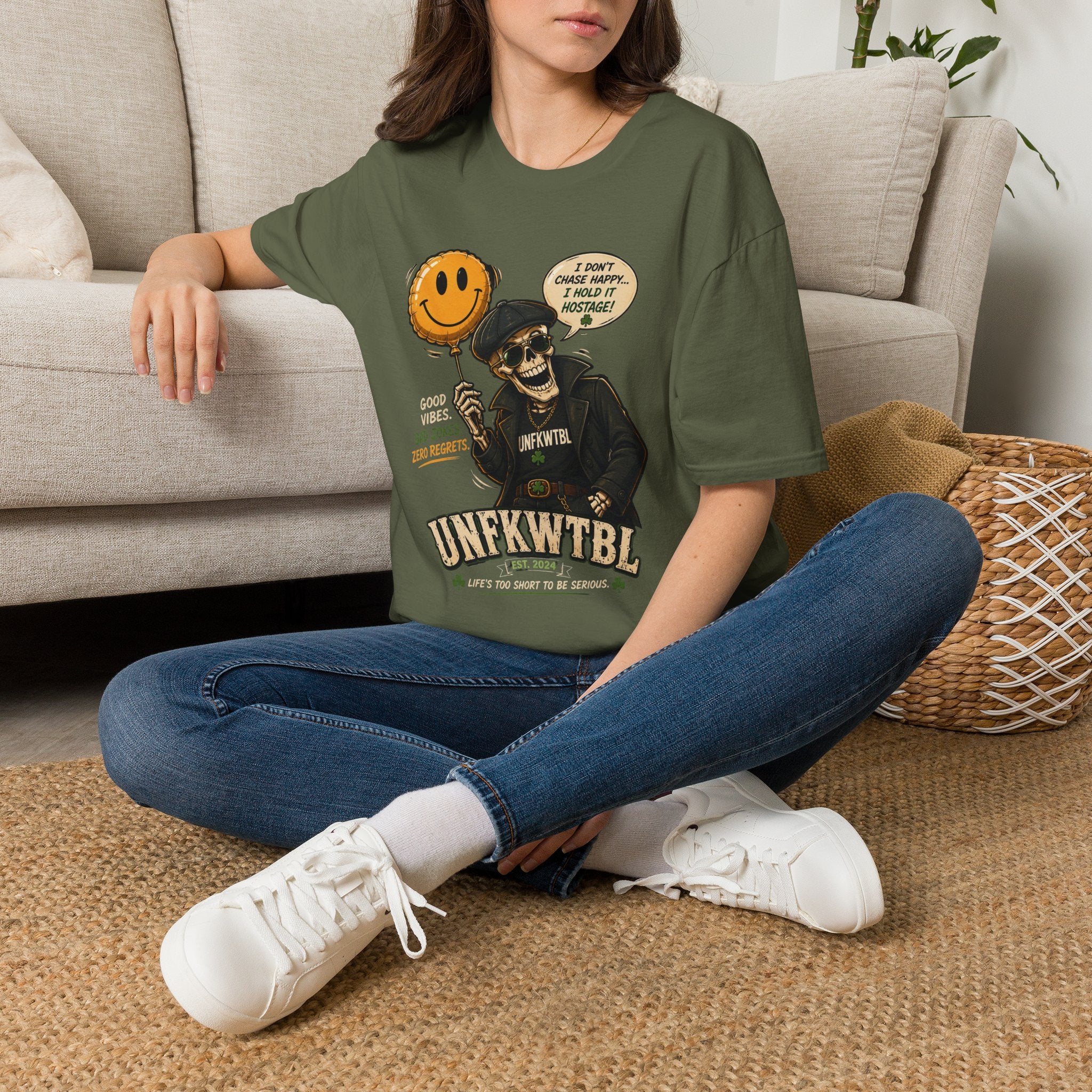 Skull with Smiley Balloon T-Shirt — “I Don’t Chase Happy… I Hold It Hostage” Graphic Tee