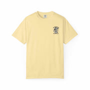 Medusa Beauty T-shirt yellow unisex with small black strawberry daiquiri design front left chest