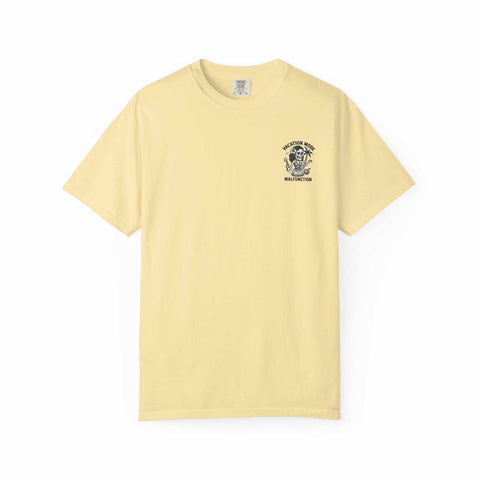Medusa Beauty T-shirt yellow unisex with small black strawberry daiquiri design front left chest