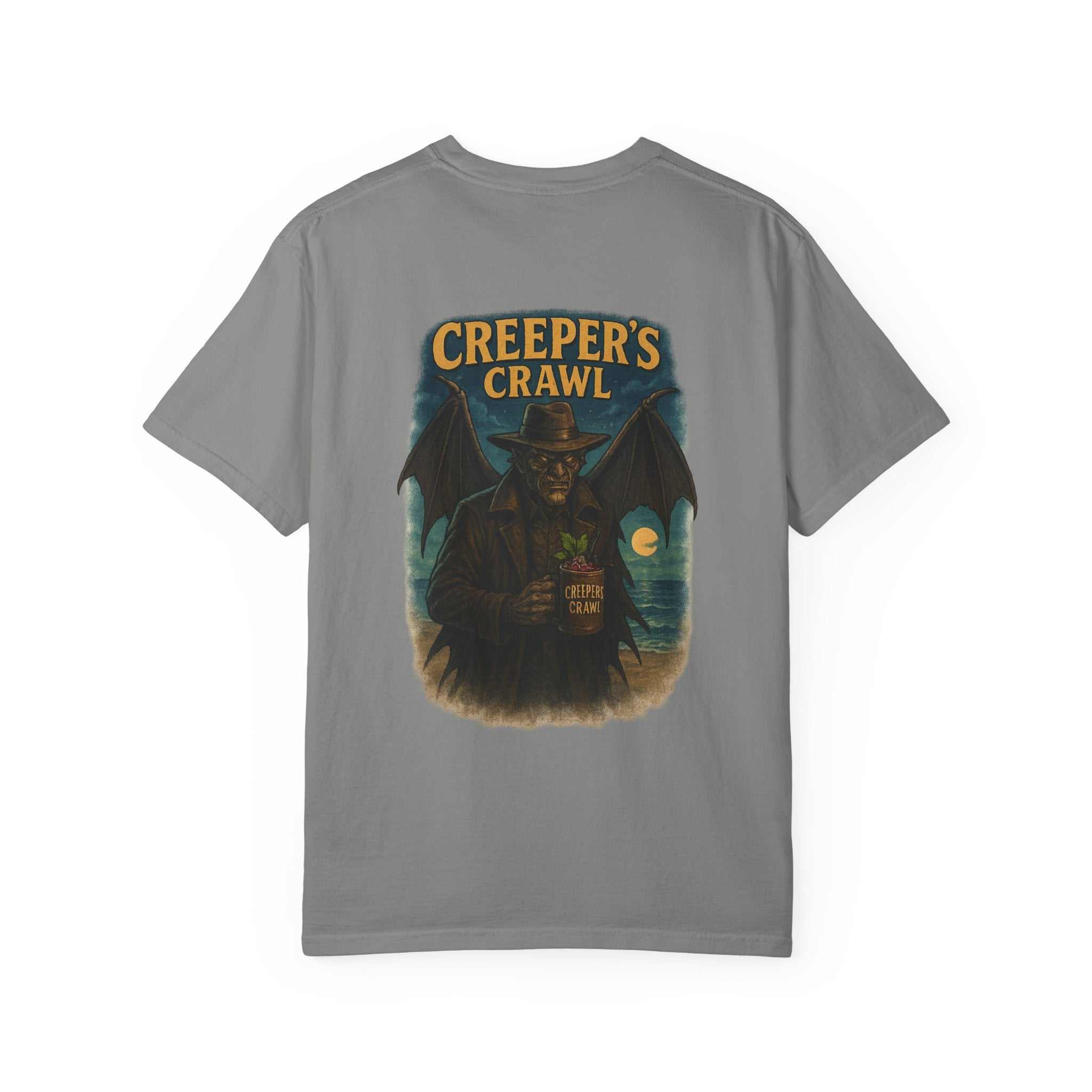Unisex Creeper's Crawl T-shirt with vintage-style graphic and garment-dyed comfort in gray color