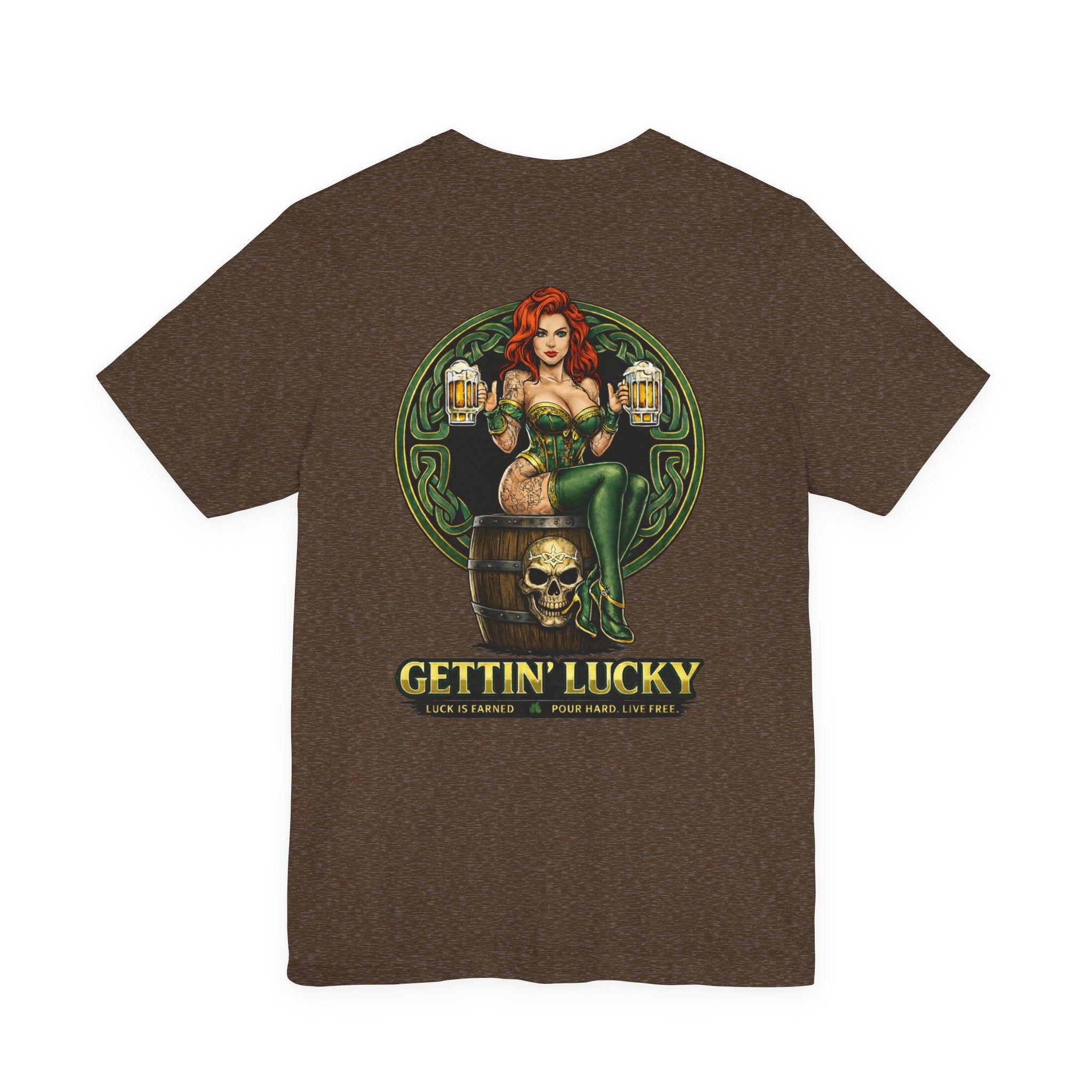 Gettin' Lucky St. Patrick's T-Shirt — Pinup Skull Irish Beer Graphic Tee