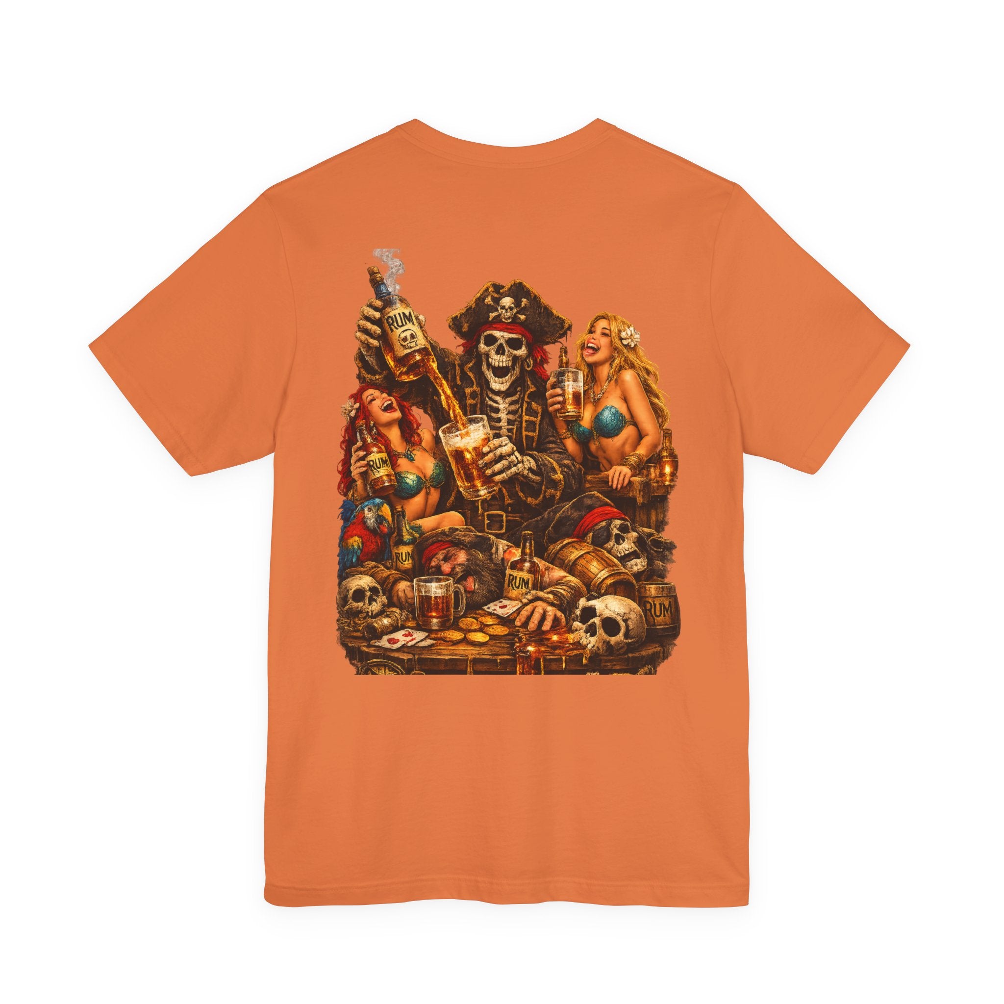 Pirate Skull Treasure Chest Tee — Skeleton Buccaneer Drinking Design