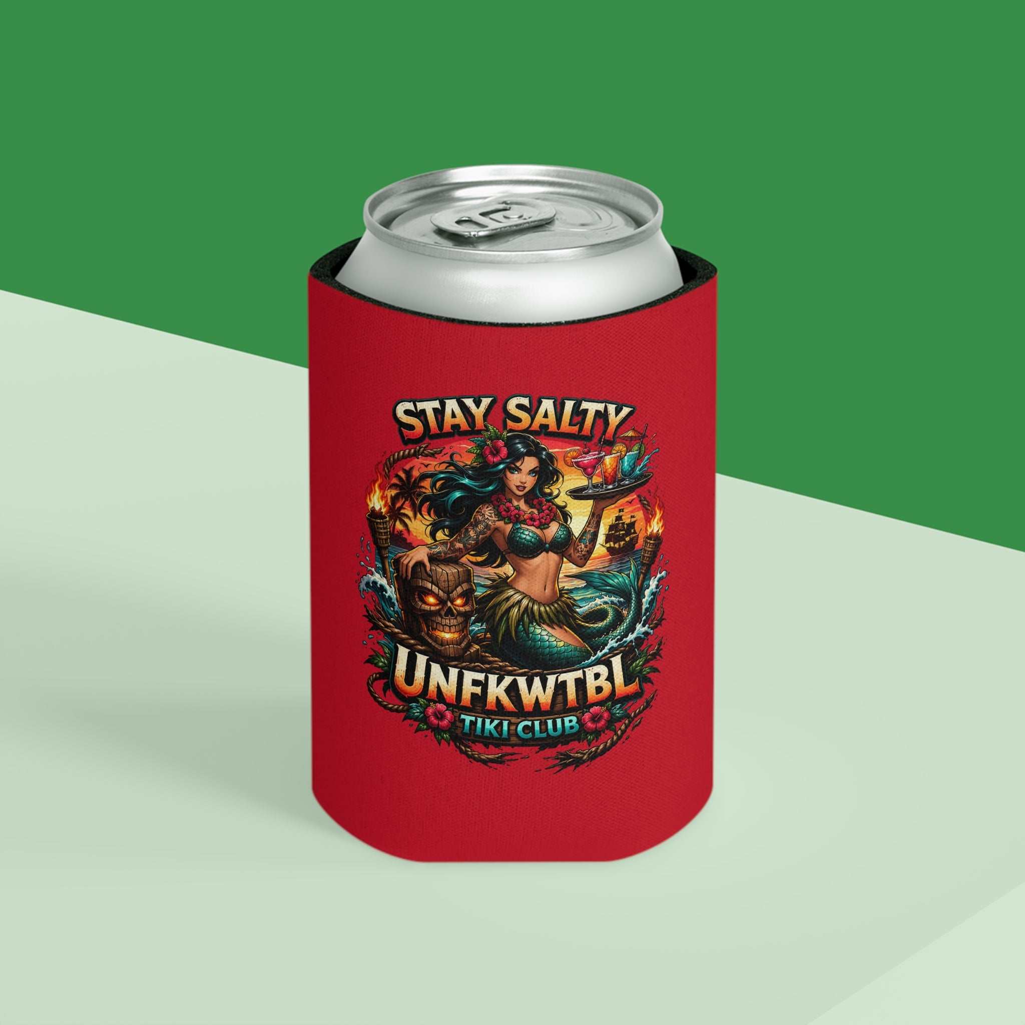 Stay Salty Tiki Can Cooler — "Stay Cold, Remain UNFKWTBL" Retro Beach Beer Koozie