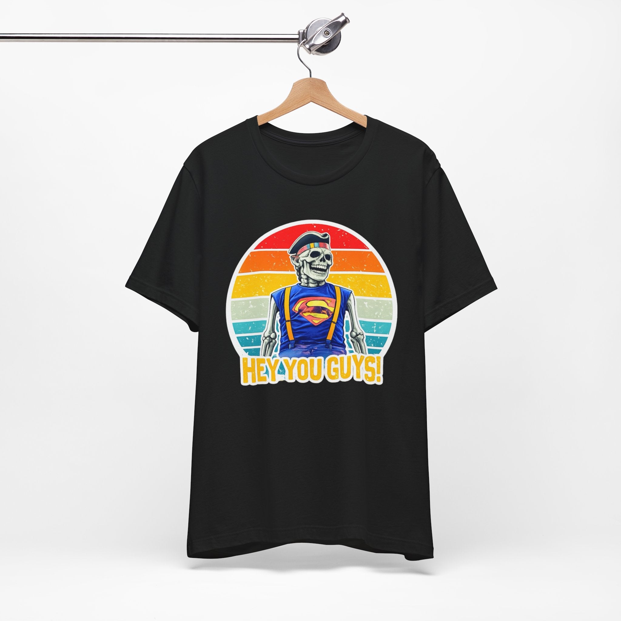 Skeleton Superfan Tee — "Hey You Guys!" Retro Vintage Graphic T-Shirt