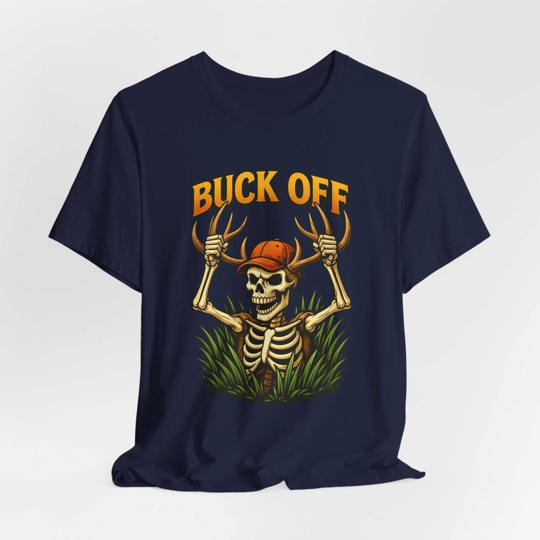 Buck Off Skeleton hunting t-shirt with grinning skeleton and camo design for outdoor enthusiasts