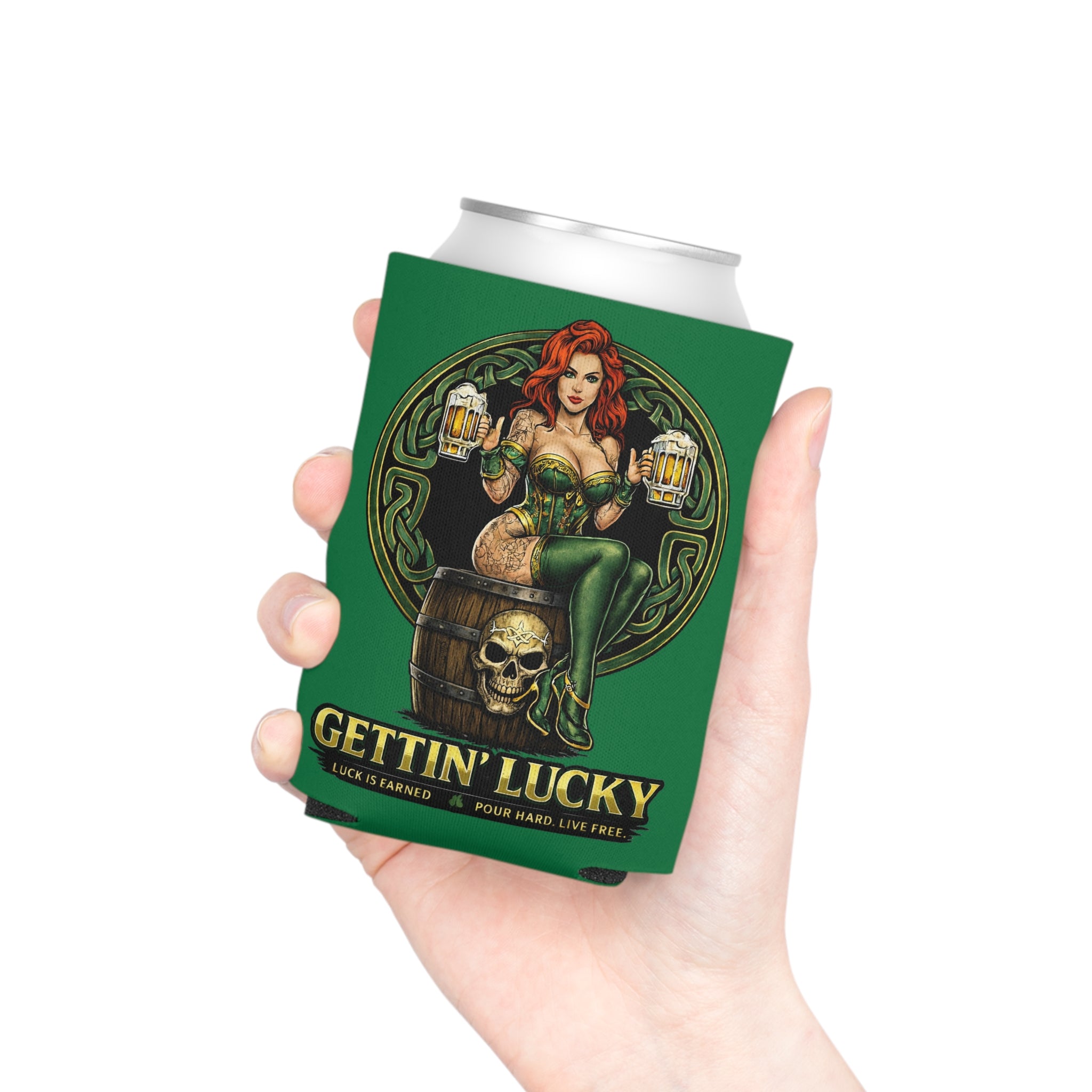 Gettin' Lucky / Stay Cold Can Cooler — St. Patrick's Day Pinup Beer Koozie