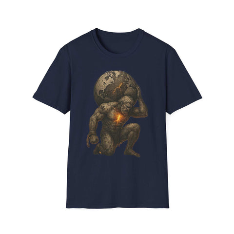 Navy blue unisex softstyle t-shirt featuring a bold graphic of Atlas carrying a cracked, glowing globe on his shoulders.