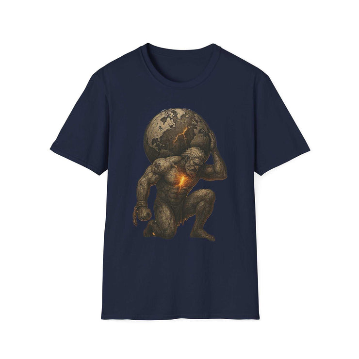 Navy blue unisex softstyle t-shirt featuring a bold graphic of Atlas carrying a cracked, glowing globe on his shoulders.