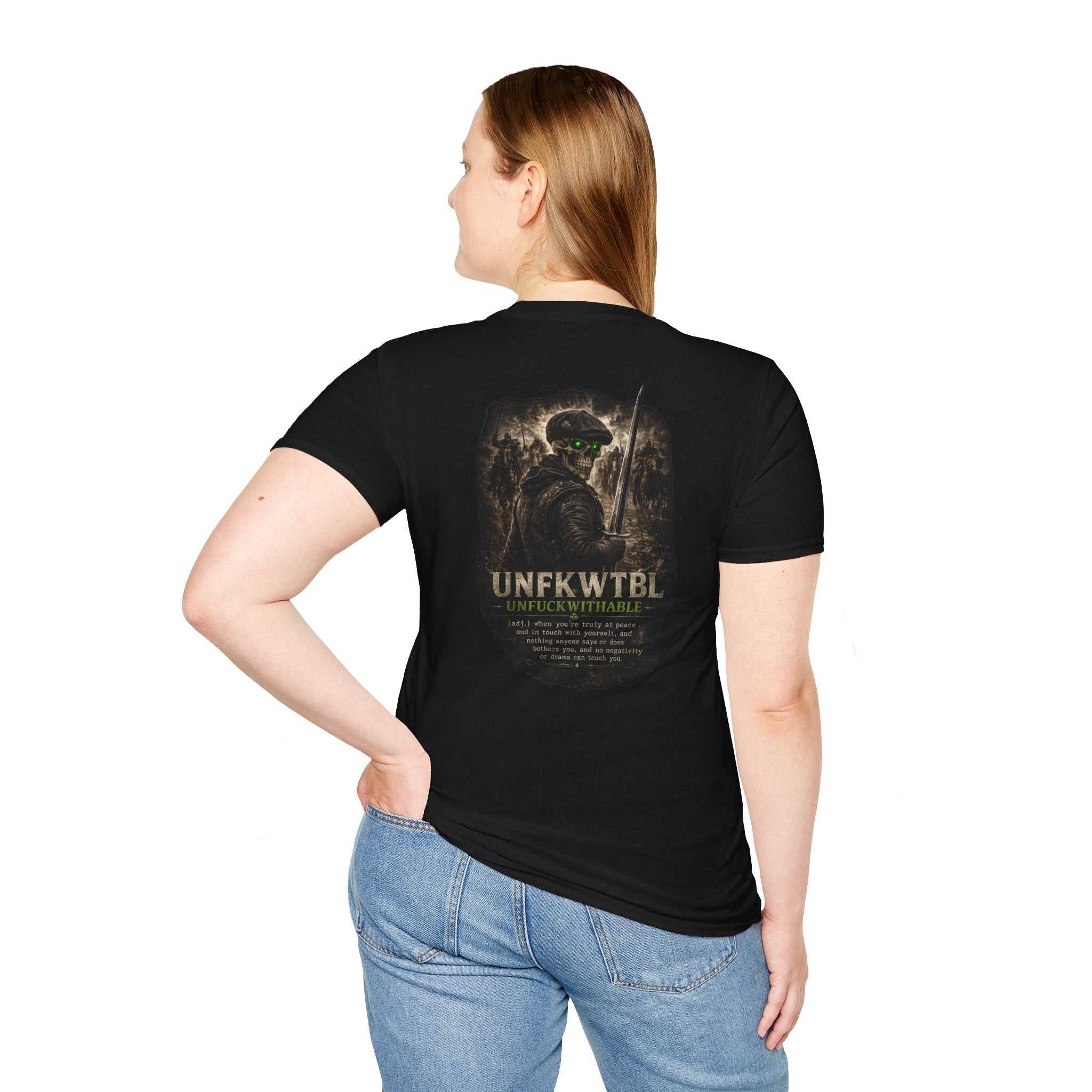 UNFKWTBL unisex military tactical graphic tee with soldier design and distressed lettering