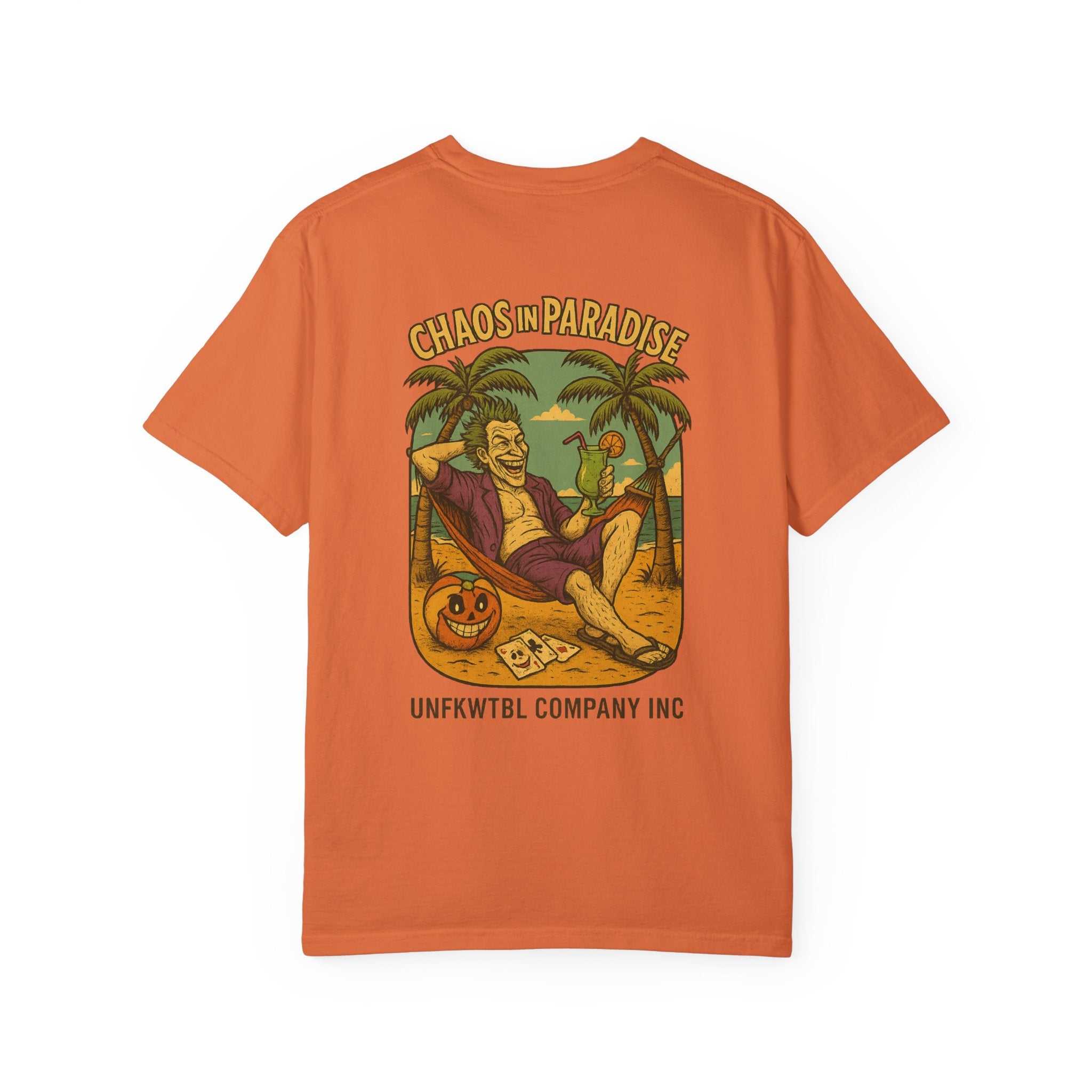 Unisex tropical humor t-shirt in orange with "Chaos in Paradise" beach graphic, casual summer tee for island lovers