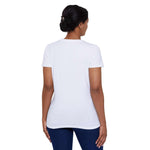 Back view of a woman wearing a plain white Women's Organic T-Shirt made of 100% organic cotton with short sleeves and a ribbed collar