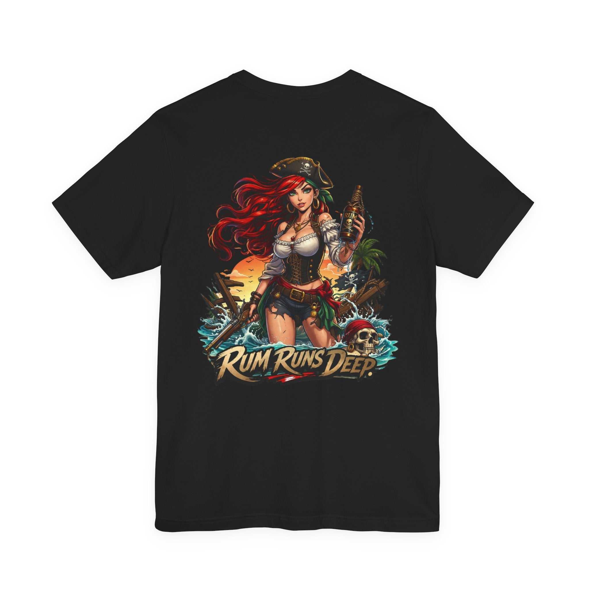 Rum Runs Deep Pirate Tee with nautical graphic and bold messaging on lightweight cotton shirt
