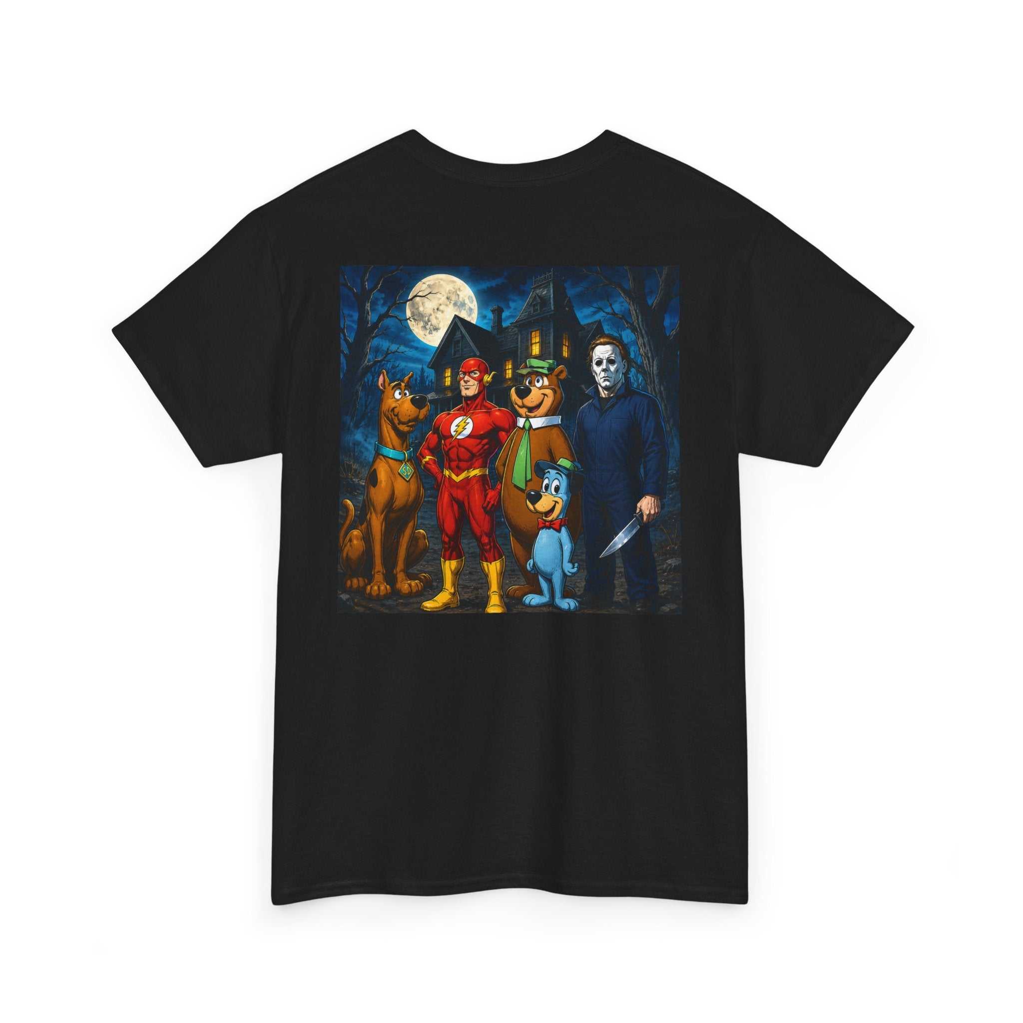 Halloween cartoon graphic tee with Michael Myers and trick-or-treat characters back print