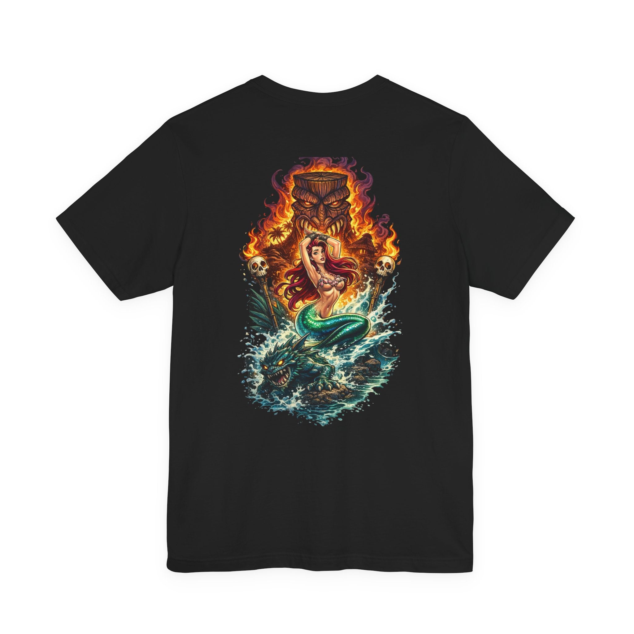 Tiki Mermaid T‑Shirt — Fiery Ocean Tattoo Style Graphic Tee