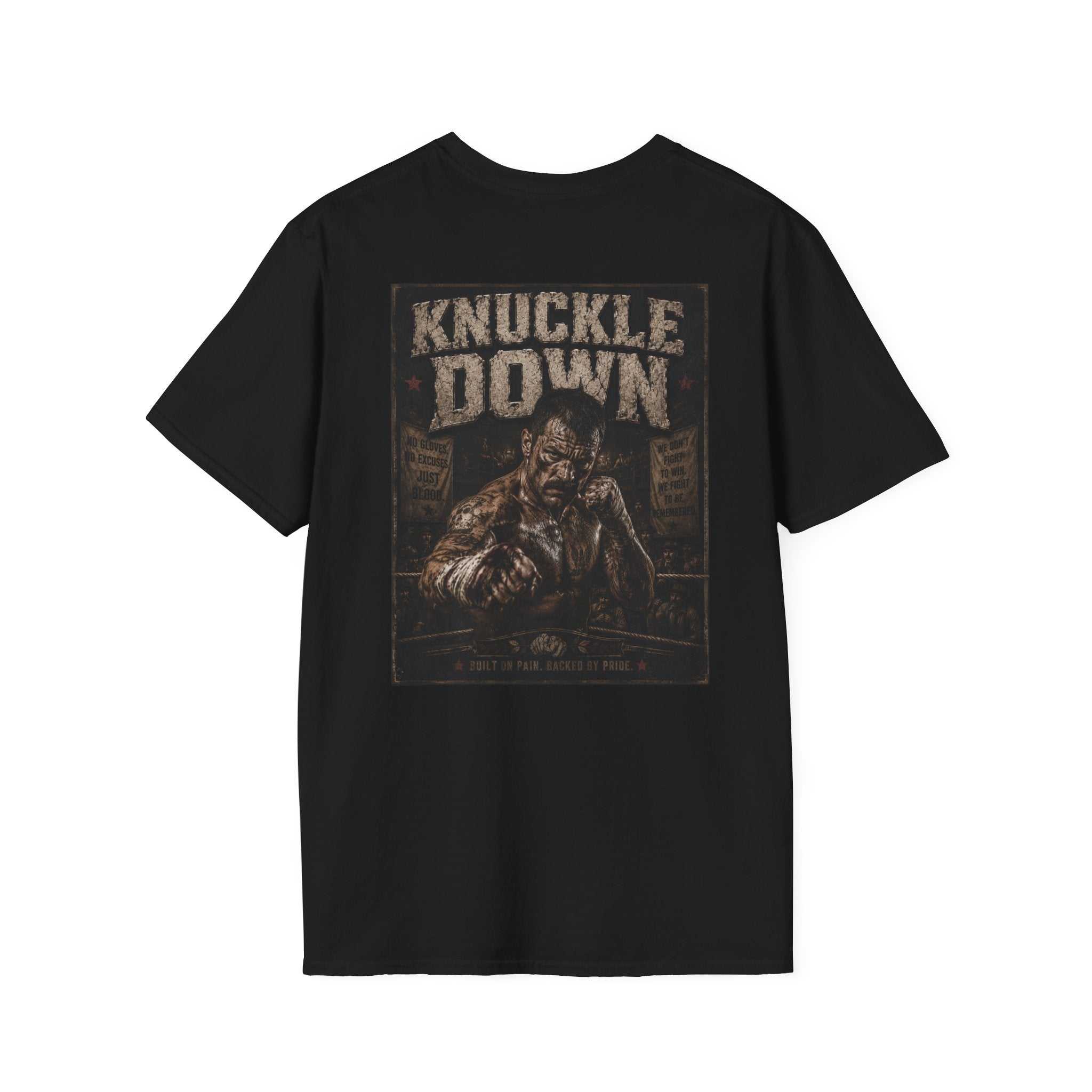 Knuckle Down Tee retro block letter graphic t-shirt with white chest lettering and ribbed collar