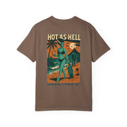 Bride of Frankenstein graphic T-shirt with beach monster hottie design and "Hot as Hell" text on brown cotton fabric