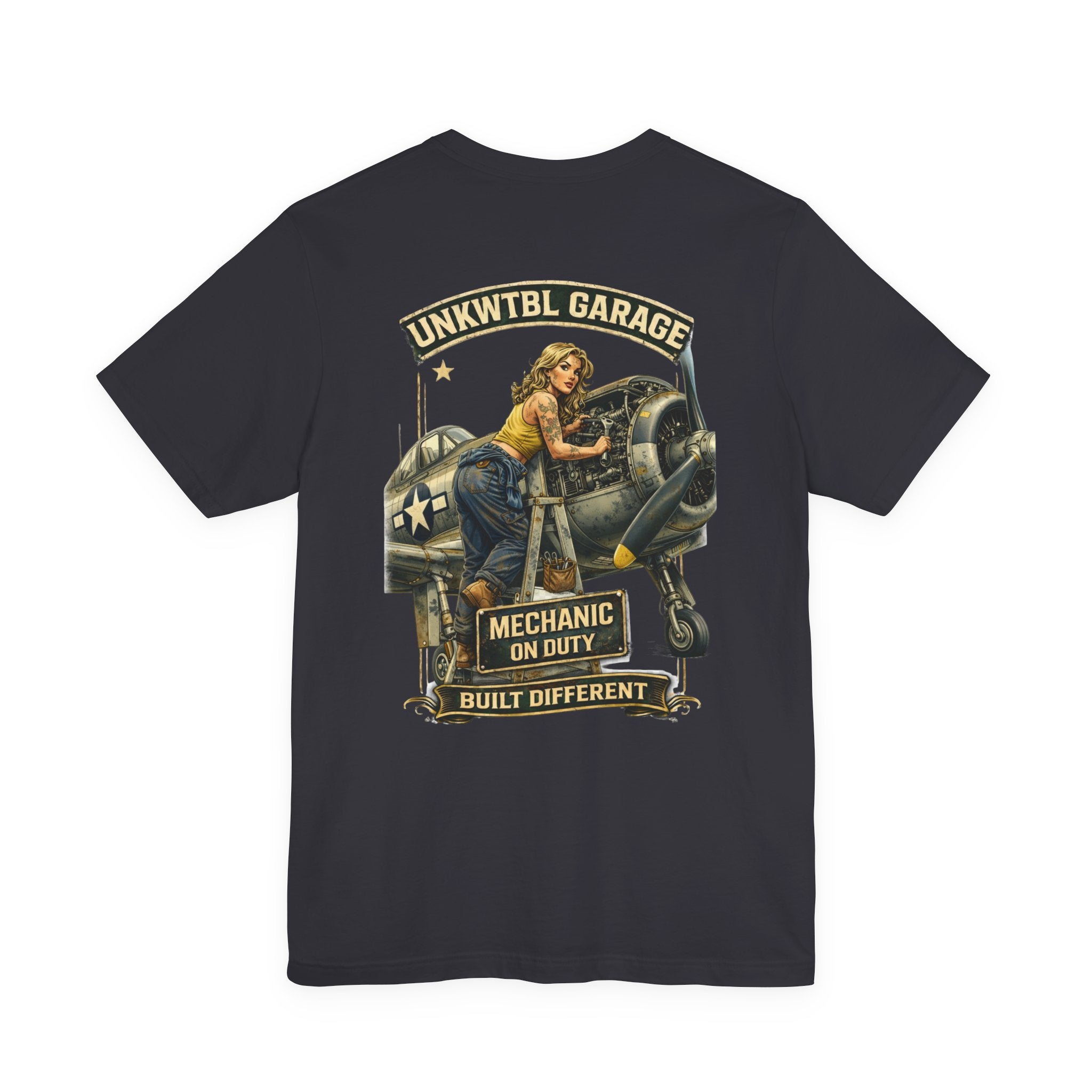 Mechanic On Duty Tee — Vintage Pin-Up Aircraft Garage Shirt