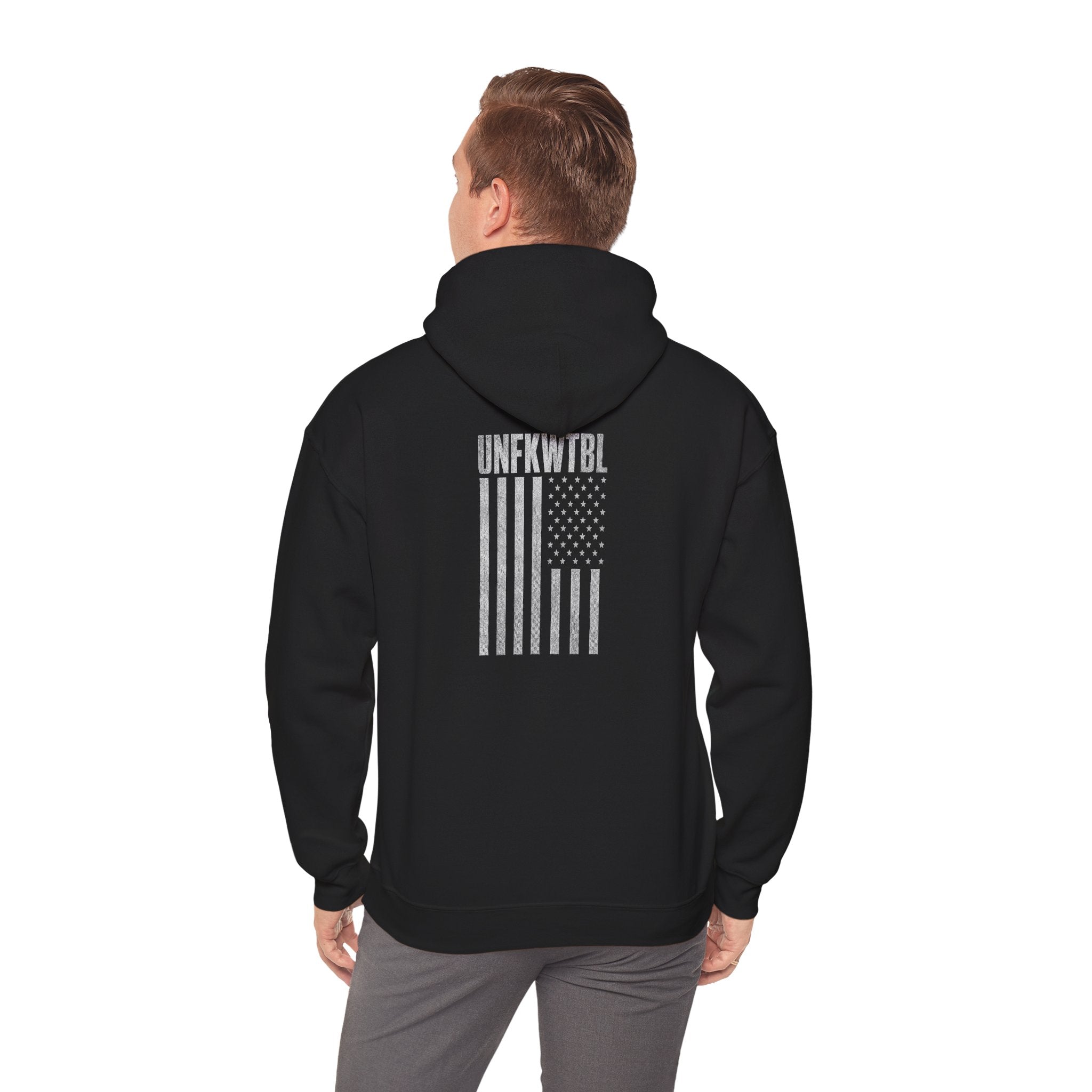 UNFKWTBL Hoodie — Distressed Patriotic Flag Sweatshirt (Respect Few Fear None)
