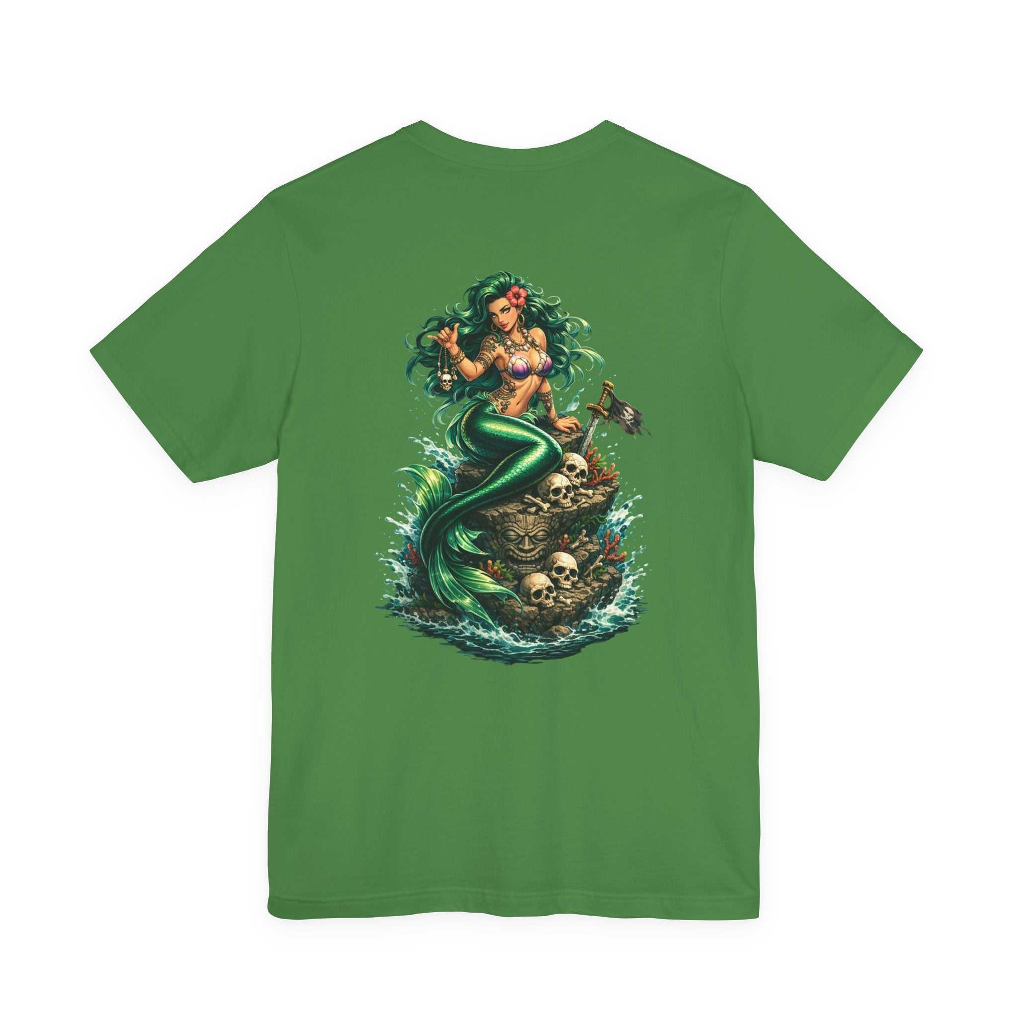 Vintage green Mermaid Skull Art Tee featuring mythic mermaid skull graphic on soft cotton shirt