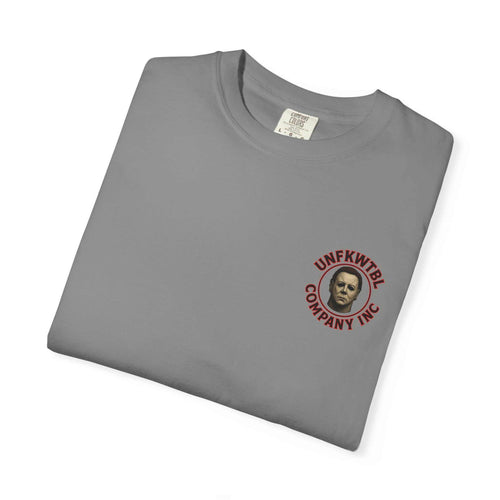 Folded gray Revenge T-shirt with Jason Voorhees graphic and UNFKWTBL Company Inc logo on chest
