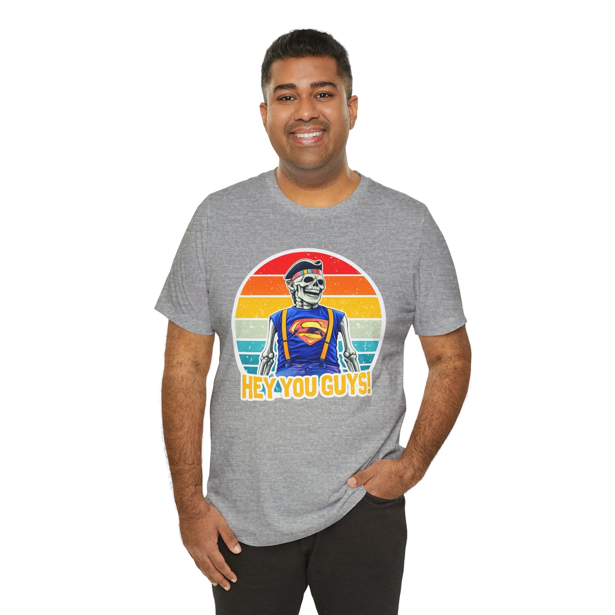 Skeleton Superfan Tee — "Hey You Guys!" Retro Vintage Graphic T-Shirt