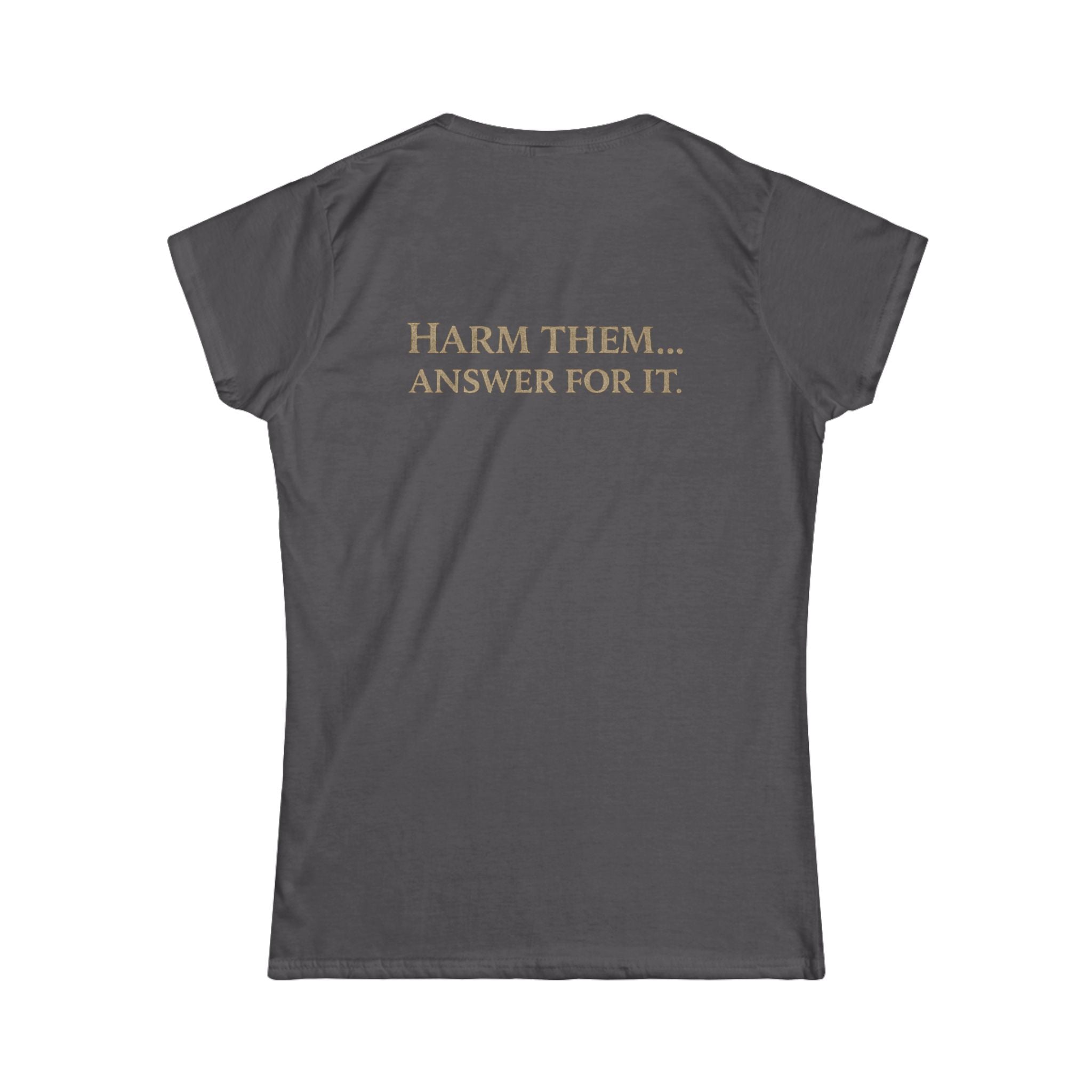 Protect the Innocent Skull Tee — “Harm Them… Answer For It.” Graphic Women’s Shirt