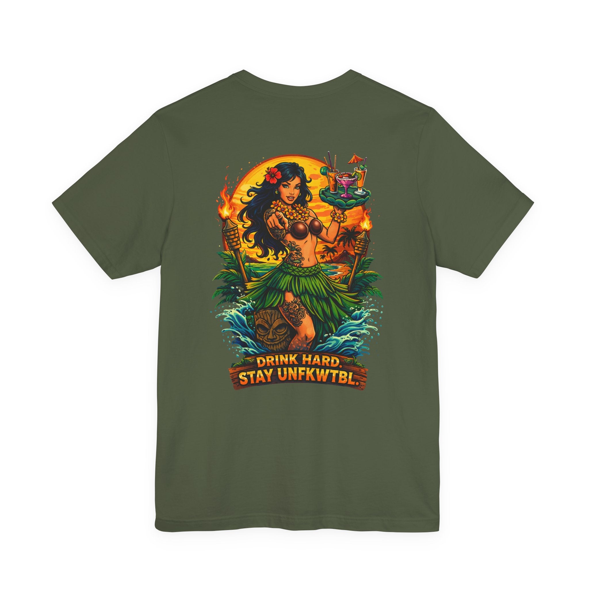 Hawaiian Hula Mermaid T‑Shirt — "Drink Hard Stay Unfwktbl" Tropical Bar Tee
