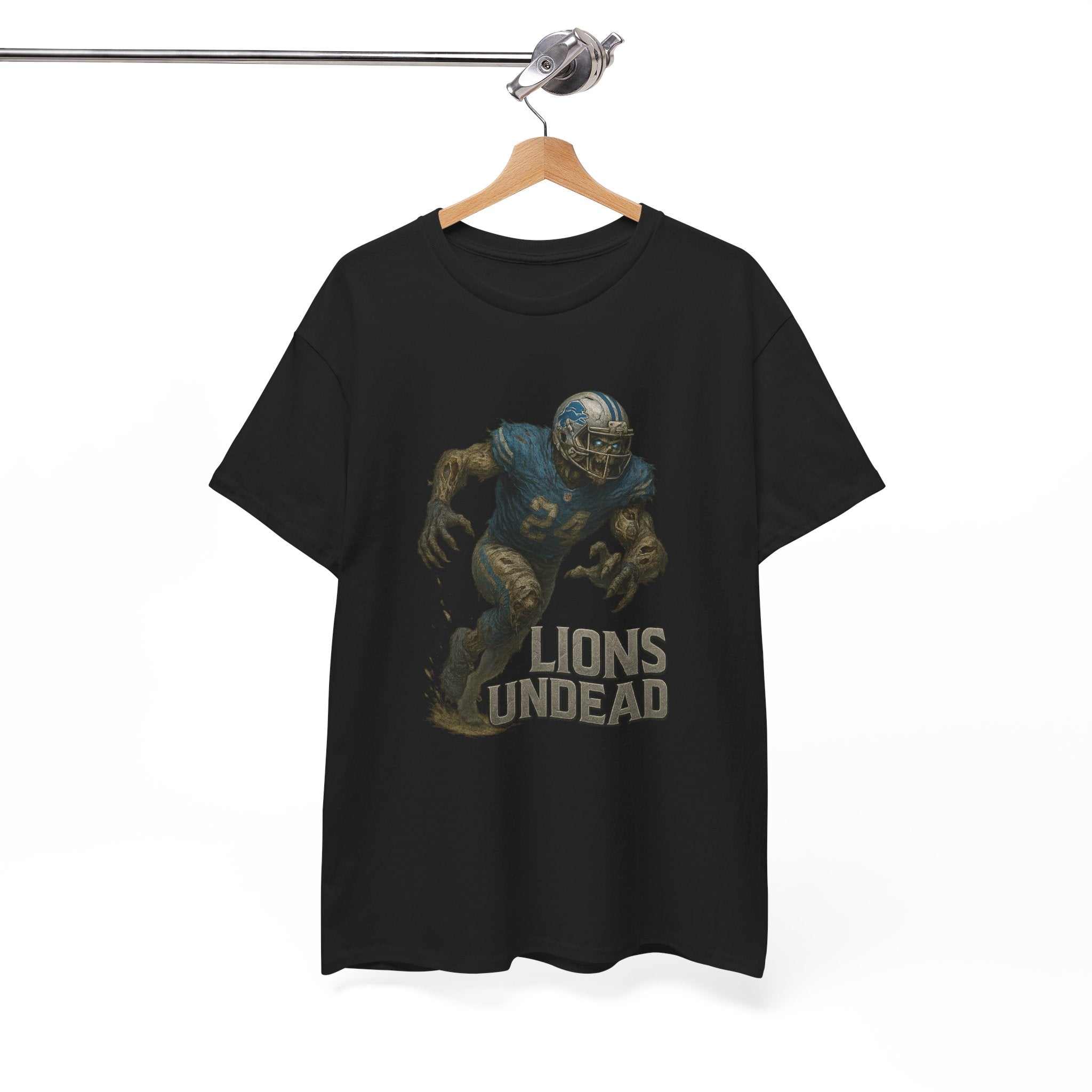 Detroit Lions Zombies themed heavy cotton t-shirt with bold "THE ZOMBIES ARE HERE TO WIN" design