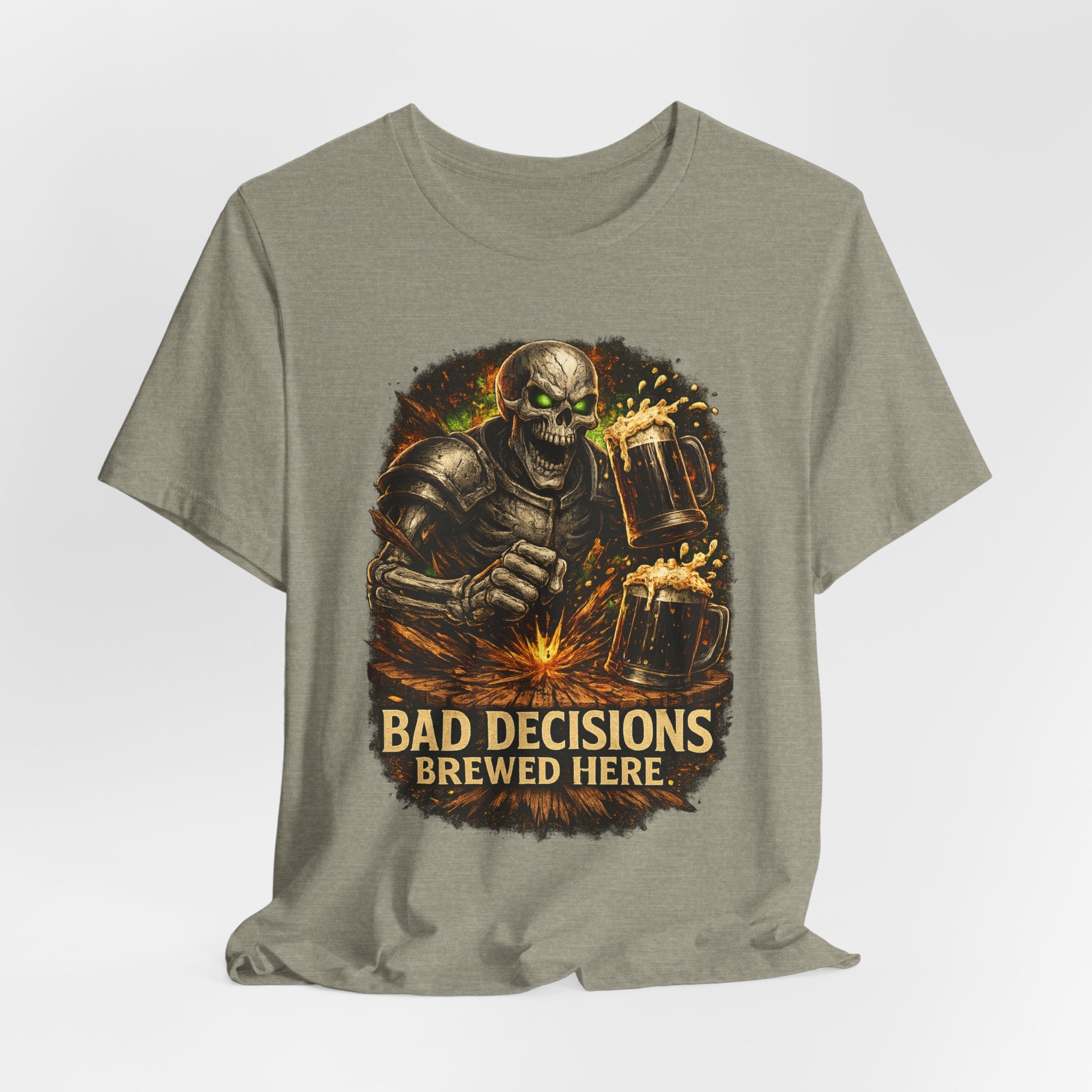 Graphic Tee — 'Bad Decisions Brewed Here' Skeleton Beer Shirt