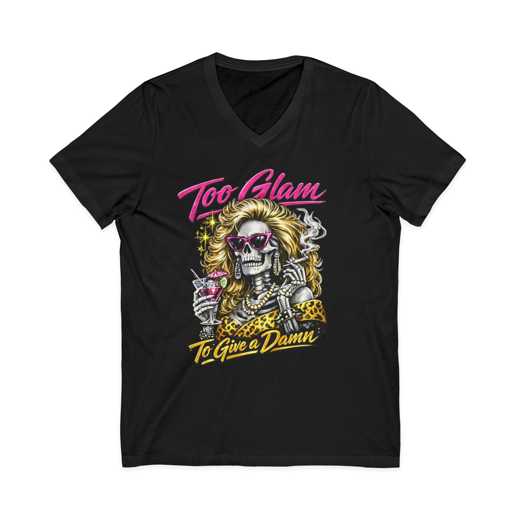 Too Glam To Give a Damn Skull Tee — Retro Glam Rock V-Neck Shirt