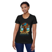 Woman wearing black Women's Organic T-Shirt with colorful UNFKWTBL design and positive vibes message
