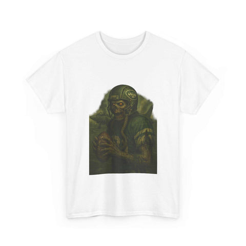 White unisex tee with zombie football player graphic design, casual and stylish shirt