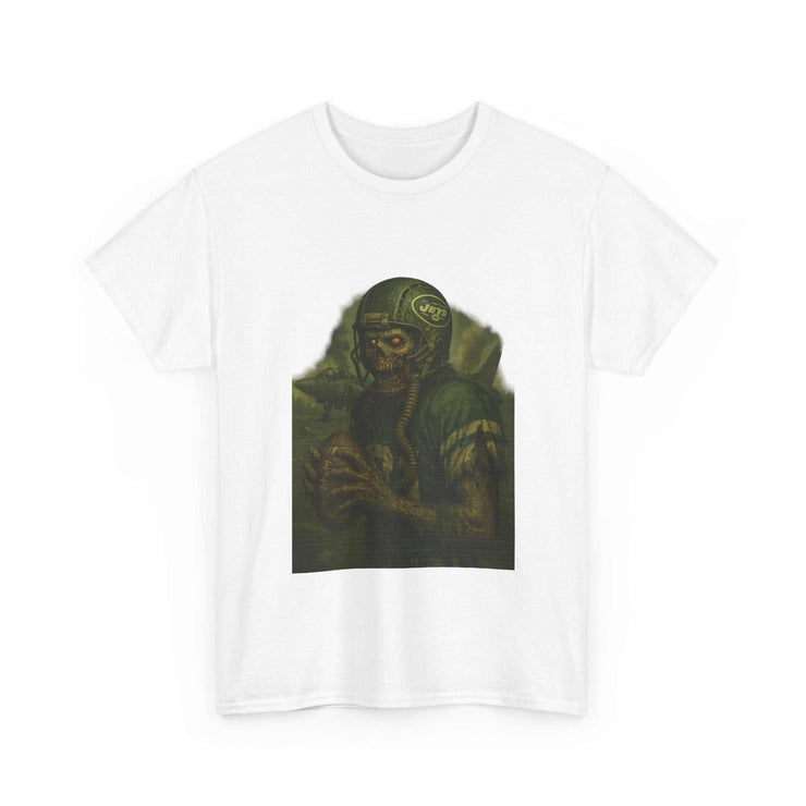 White unisex tee with zombie football player graphic design, casual and stylish shirt