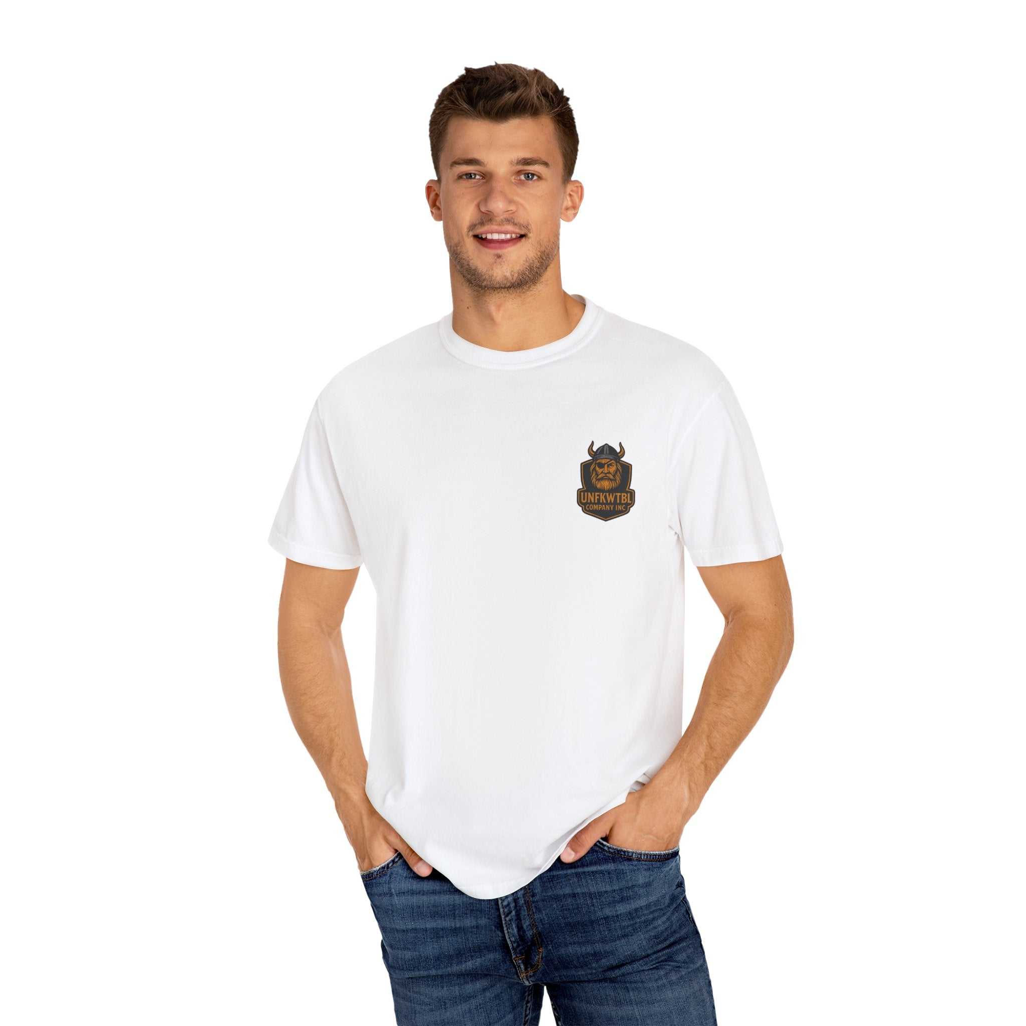 Unisex garment-dyed white t-shirt with Beast King vintage graphic, casual fit, modeled by man