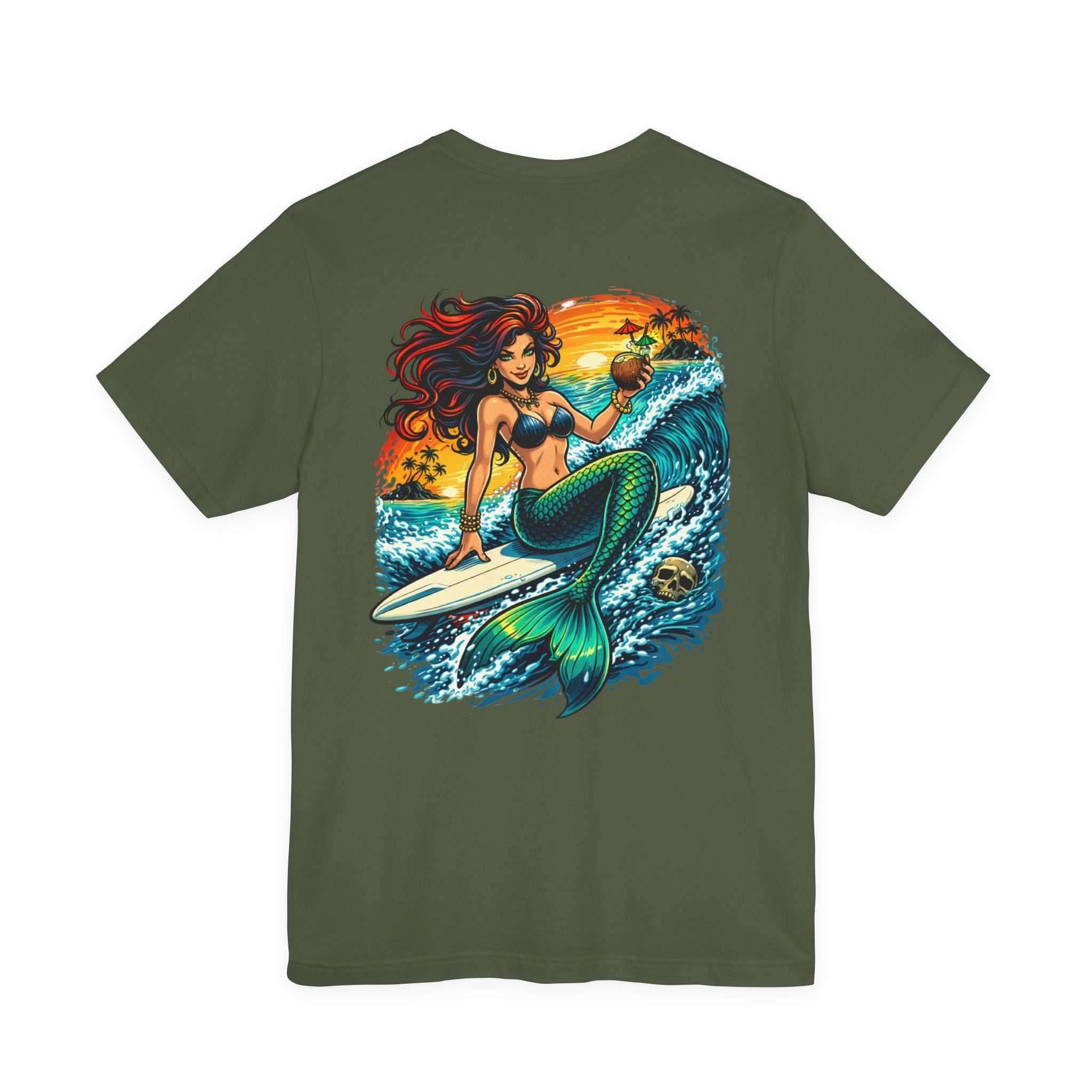 Retro Mermaid Surfer T-Shirt with vibrant beach surf graphic and breathable cotton design