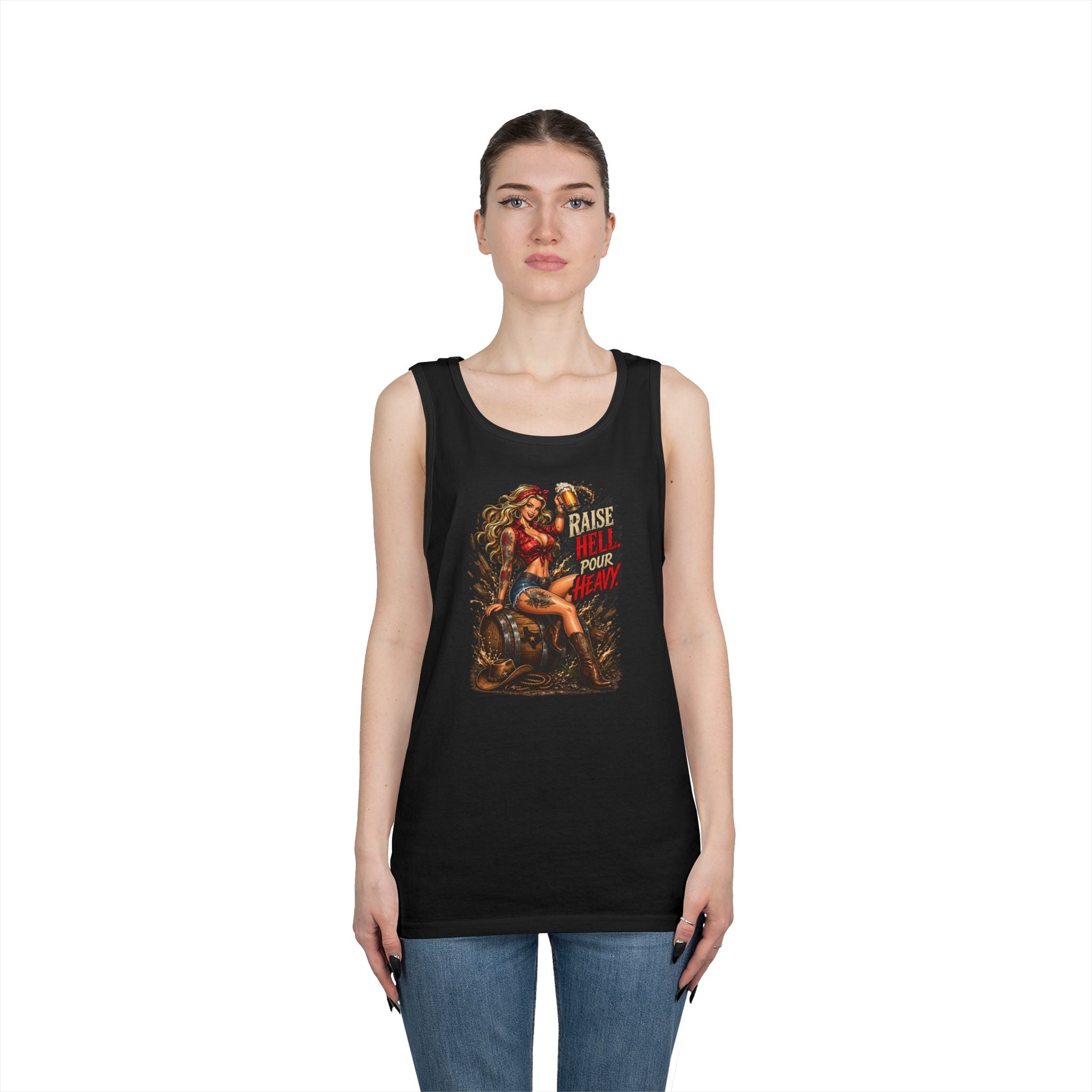 Pinup Biker Tank Top – "Raise Hell, Pour Heavy" Vintage Motorcycle Graphic